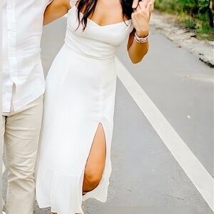 Reformation Bondi White Ruffle Sleeve Midi A-Line Dress Side Slit Size 10